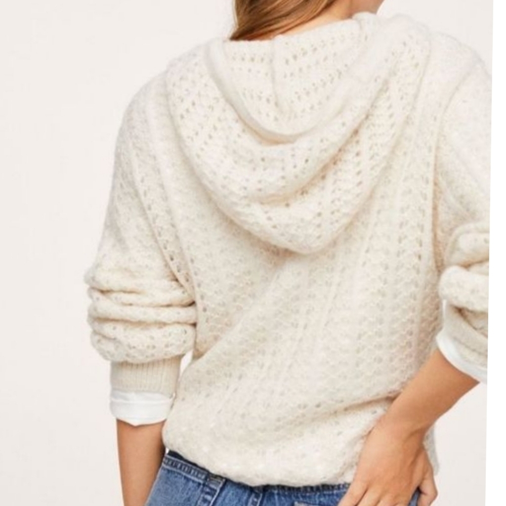 Mango Openwork Knit Hoodie Elegant Cream Cardigan Sweater Size M - Picture 2 of 12